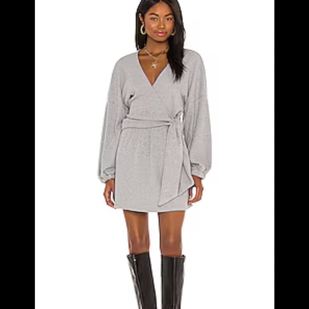 Michael Costello Revolve Dress Small Gray Grey Women's Tie Front Sweater Long Sl